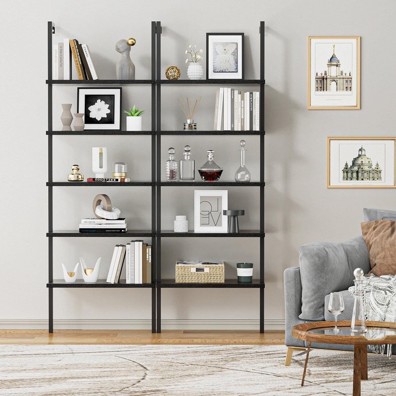 Shahoo Ladder Shelf, 5-Tier Bookshelf with Metal Frame, Open Display Organizer Rack, Wood Wall Mounted, Storage Shelves for Living Room, Hallway, Office, Black