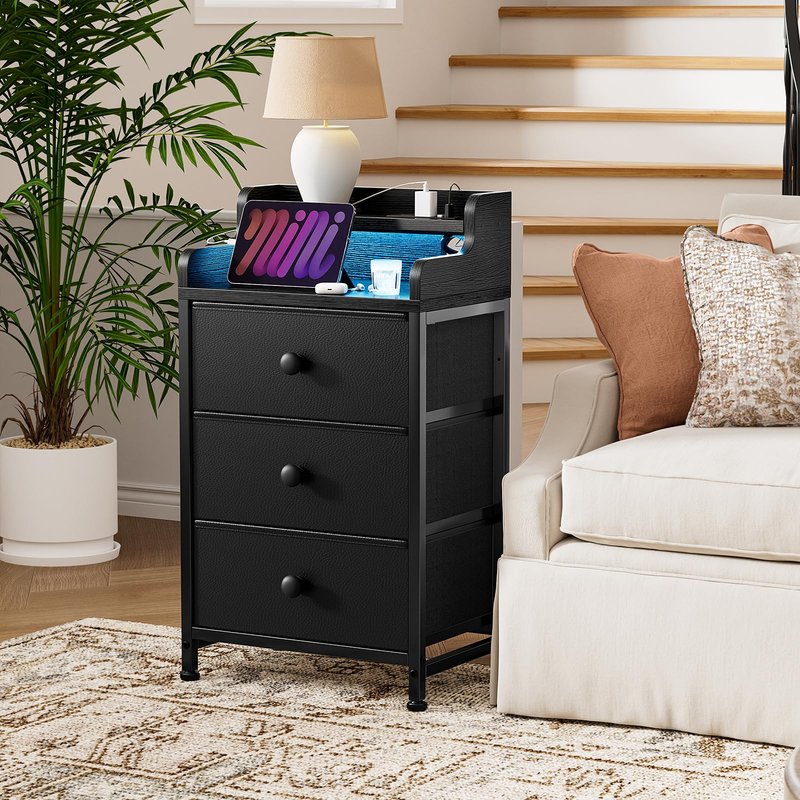 REAHOME Nightstand with Charging Station, Tall White Night Stand with 3 Drawers and 2-Tier Shelf, Bedside Table with Sturdy Steel Frame Wood Top for Bedroom, Living Room, Hallway-Black