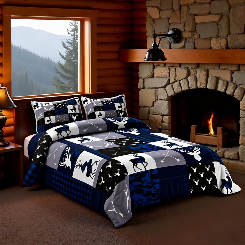Manfei Camo Deer Antlers Comforter Set Full Size,Geometric Plaid Patchwork Bedding 3pcs for Kids Teens Girls Boys Room Xmas Cabin Quilt Set,Blue Grey Rustic Farmhouse Duvet Insert,2 Pillowcases