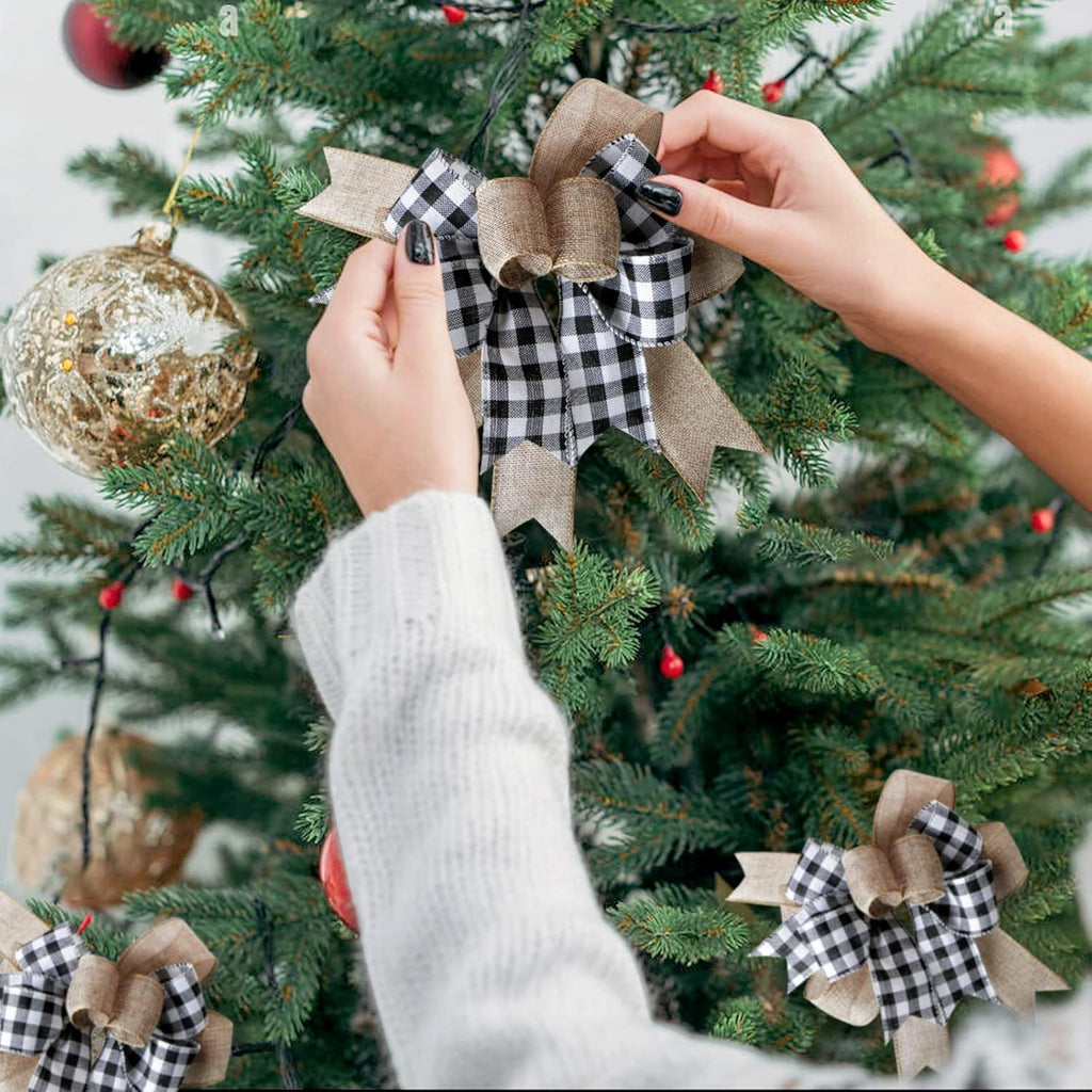 SIMISI RIBBON Christmas Buffalo Plaid Bow - Black & White Burlap Wreath Decor (9.5 x 13 Inch)