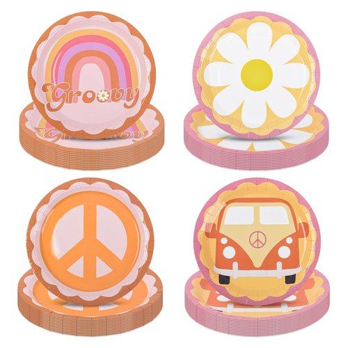 AimFun 48 Pcs Groovy Party Plates Retro Hippie Boho Paper Plates 60s 70s Party Decorations 9" Daisy Flower Peace Round Disposable Plates for Birthday Baby Shower Wedding Bridal Tableware