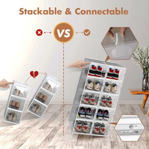 GONAT X-Large Shoe Storage Boxes, 12 Pack Shoe Organizers with Magnetic Door, Four Way Connection Shoe Containers, Clear Plastic Stackable Sneaker Bin for Closet, White,Christmas Gift