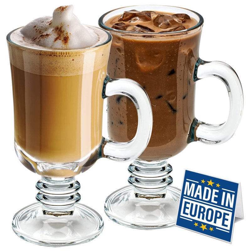 Volarium Irish Coffee Glass Mugs, Latte Cups, Set of 2 Cappuccino and Hot Chocolate Mugs with Handle, Clear Glass Cups for Hot Beverages, 7 3/4 oz