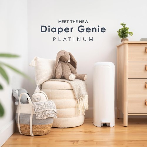 Diaper Genie Platinum Pail - Durable Stainless Steel | Includes 1 Easy Roll Refill & 18 Bags (Lily White)
