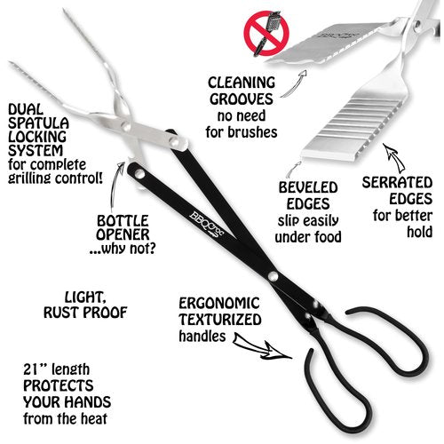 3-in-1 Barbecue Tool 21-inch by BBQ Croc - Extra Light and Xtra Long Tongs, Spatula and Grill Scraper (Black)