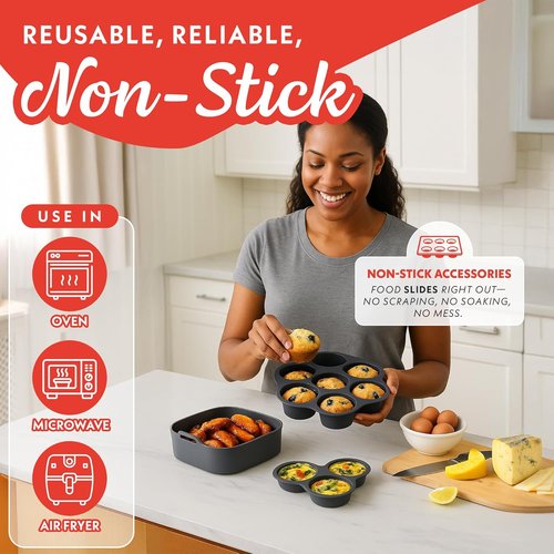Gourmia Air Fryer Accessories Set - 3-Piece Silicone Liner & Egg Bite Cooker | BPA-Free, Heat Resistant, Dishwasher Safe