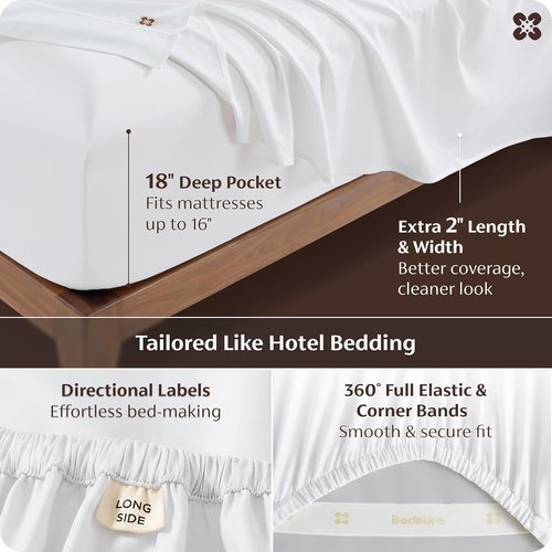 Bedsure 100% Giza Egyptian Cotton King Size Sheets - Silky Luxury Hotel Quality with 18-Inch Deep Pockets & Corner Straps (White)
