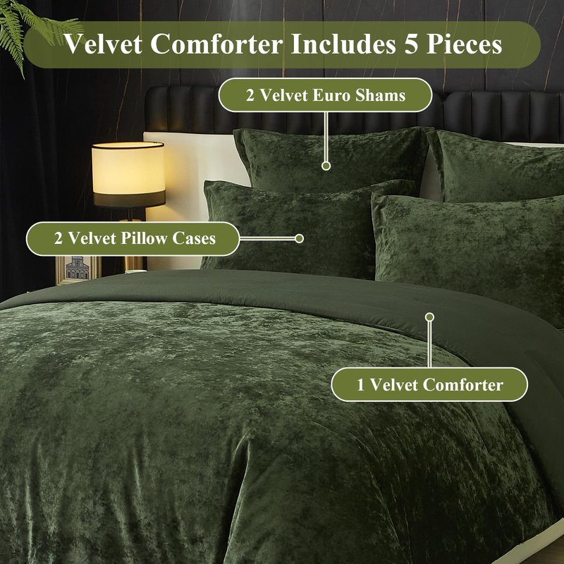 Ivellow Crushed Velvet Comforter Set King Green Comforter Set 5pcs Ultra Soft Lightweight Breathable Bedding Set Luxury Cozy Flannel Comforter King Size (1 Comforter,2 Pillow Shams, 2 Euro Shams