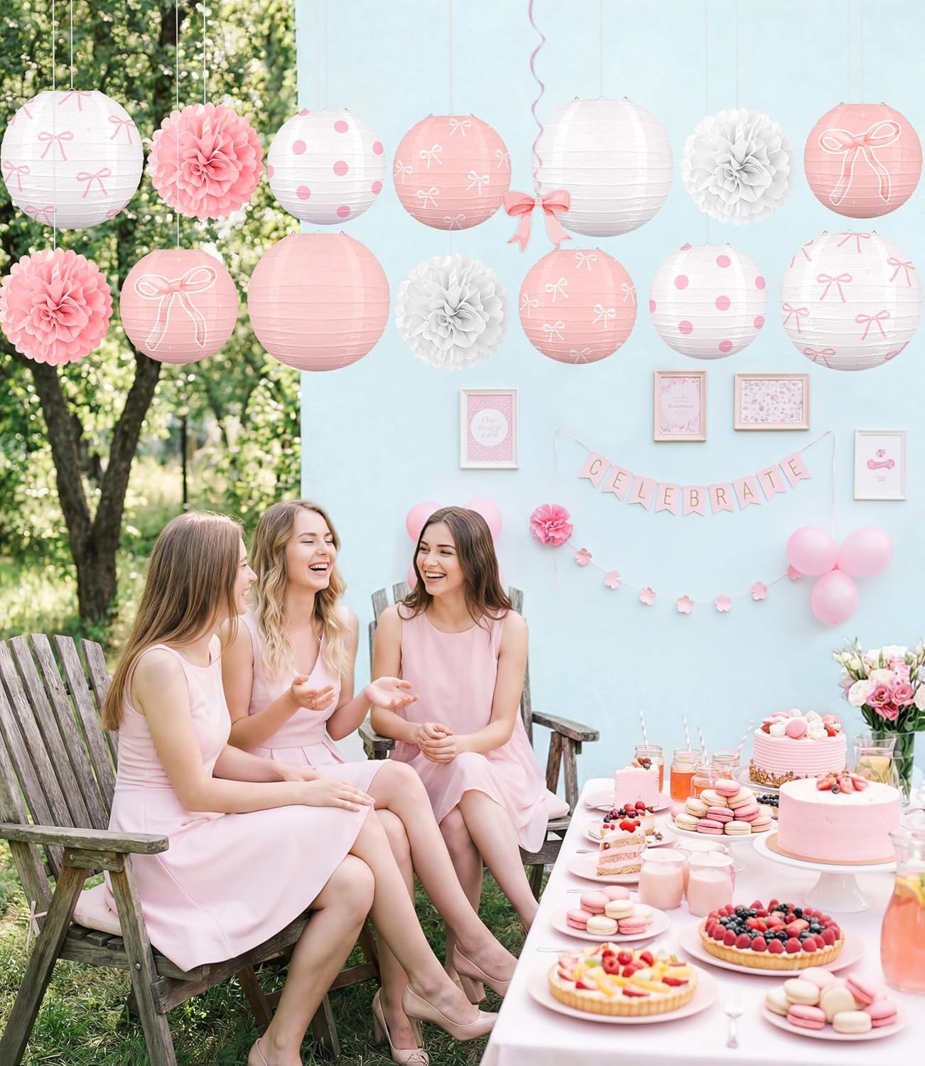 Skiennix 15Pcs Pink Bow Paper Lanterns - Birthday Party Decorations for Girls & Baby Showers