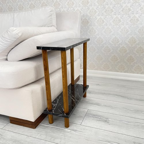 Narrow Small Places Faux Marble Top Modern Side Table for Couch Living Room, Slim Minimalist End Table 2 Tier with Open Shelf Nightstand for Bedrooms, Snack Tray, TV Manual (Black Marble, Narrow, 7")