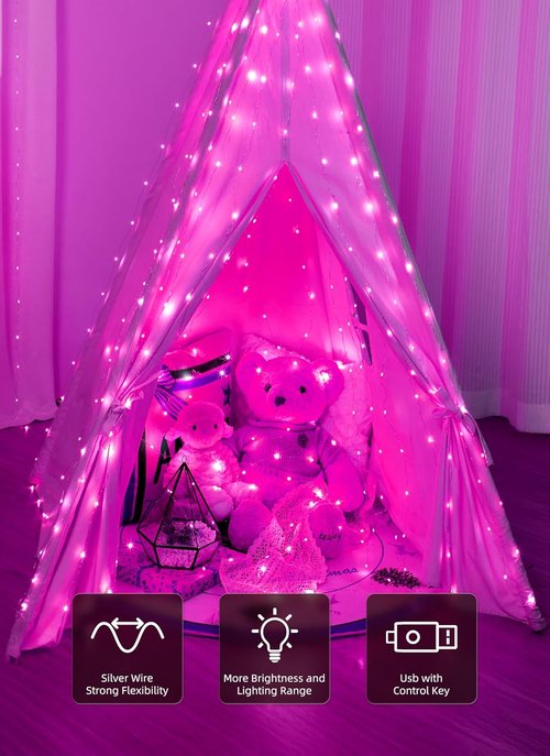 Brightown 300 LED Pink Fairy Curtain Lights - 9.8ft x 9.8ft String Lights with Remote & 8 Modes for Indoor/Outdoor Decor