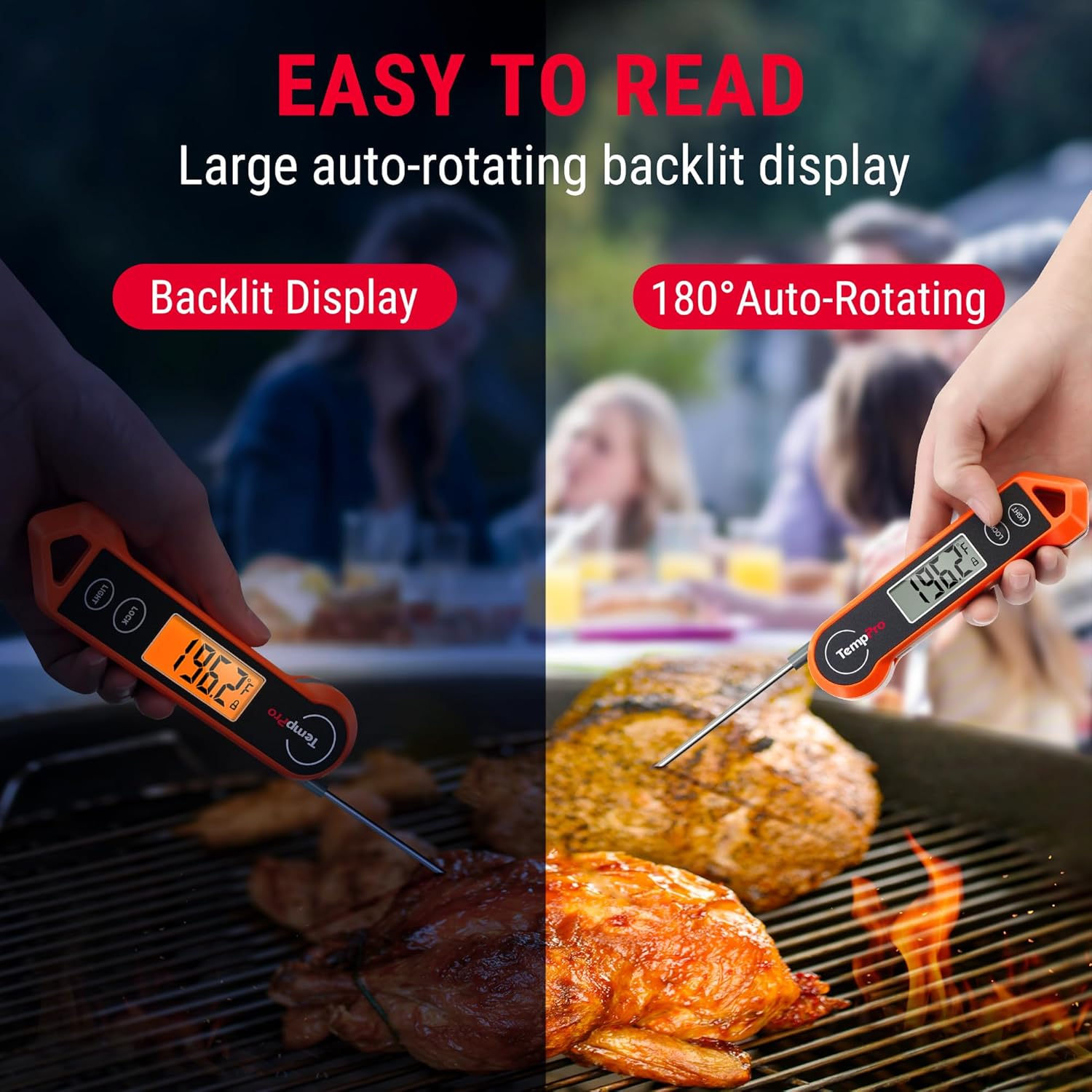 ThermoPro Digital Instant Read Meat Thermometer - Waterproof Kitchen Cooking Tool with Ambidextrous Backlit Display for BBQ & Grilling
