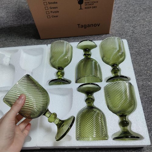Taganov Green Glasses Drinking Wine Water Goblets Glassware set of 6 Vintage Stem Glasses Stemware 12 Ounces for Wedding Party Bar Twill Pattern Striped 350 ml