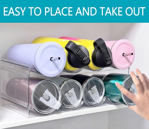 4 Pack Water Bottle Organizer, Large Compartment Stackable Kitchen Pantry Organization and Storage Rack, Plastic Water Bottle Holder for Kitchen Cabinet Organizer and Storage, Tumbler Mug Cup Shelf
