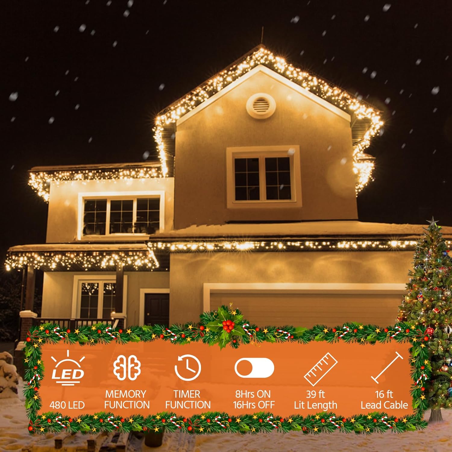 USOKYO Icicle String Lights - 480 LED Warm White Fairy Lights with 8 Modes & Timer | 39FT for Outdoor Use