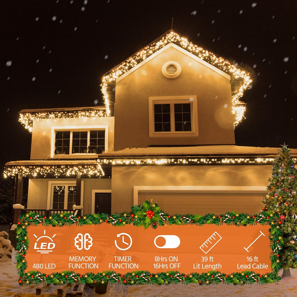 USOKYO Icicle String Lights - 480 LED 39FT Outdoor Fairy Lights with 8 Modes & Timer | Warm White