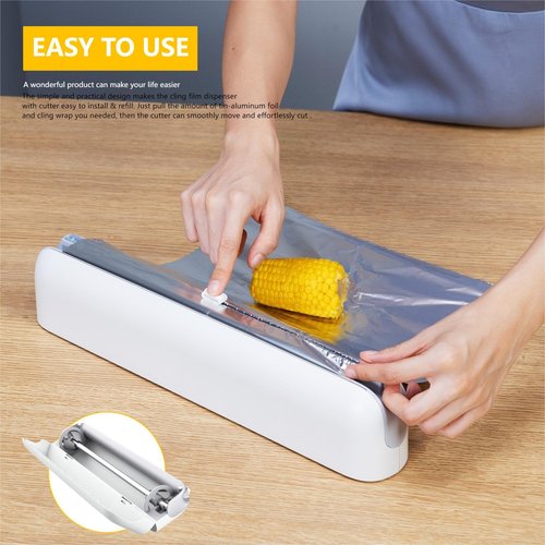 Quasziwa Aluminum Foil & Plastic Wrap Dispenser with Cutter - Easy One-Hand Operation, Space-Saving Kitchen Organizer for Worktops & Cabinets, Magnetic Cling Film Dispenser - Fits 12" Rolls, Gray