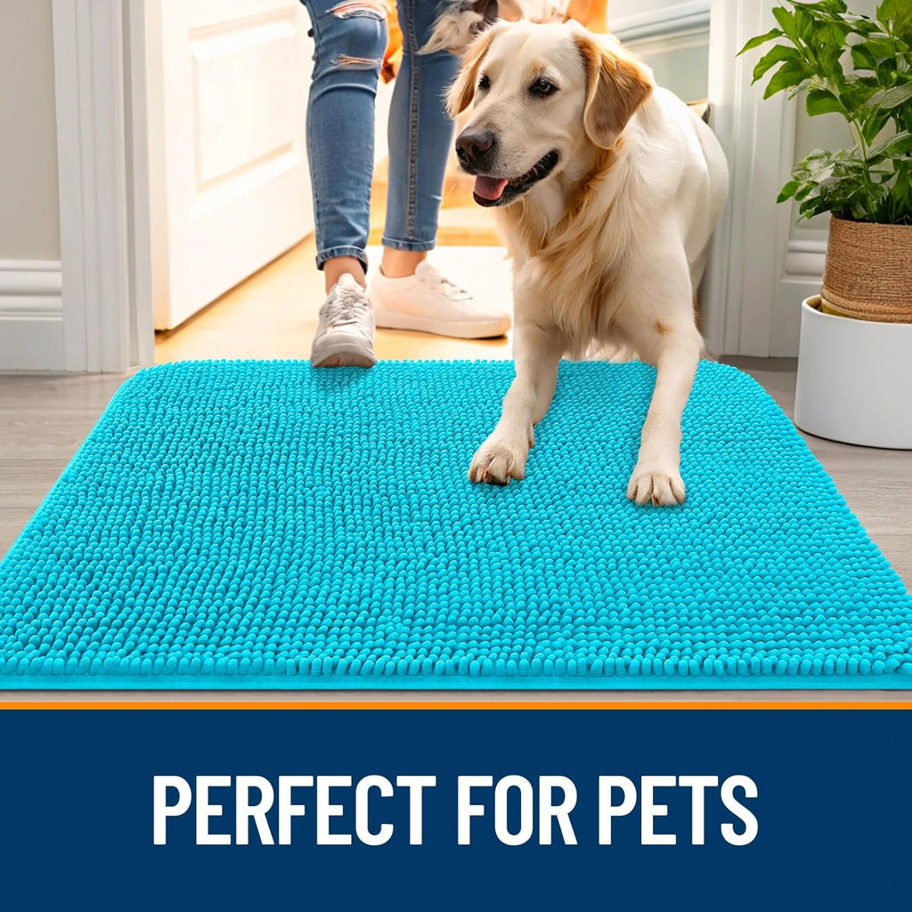 OLANLY Dog Door Mat - Absorbent Non-Slip Chenille for Muddy Paws | 47x24 Aqua Blue Quick Dry Doormat