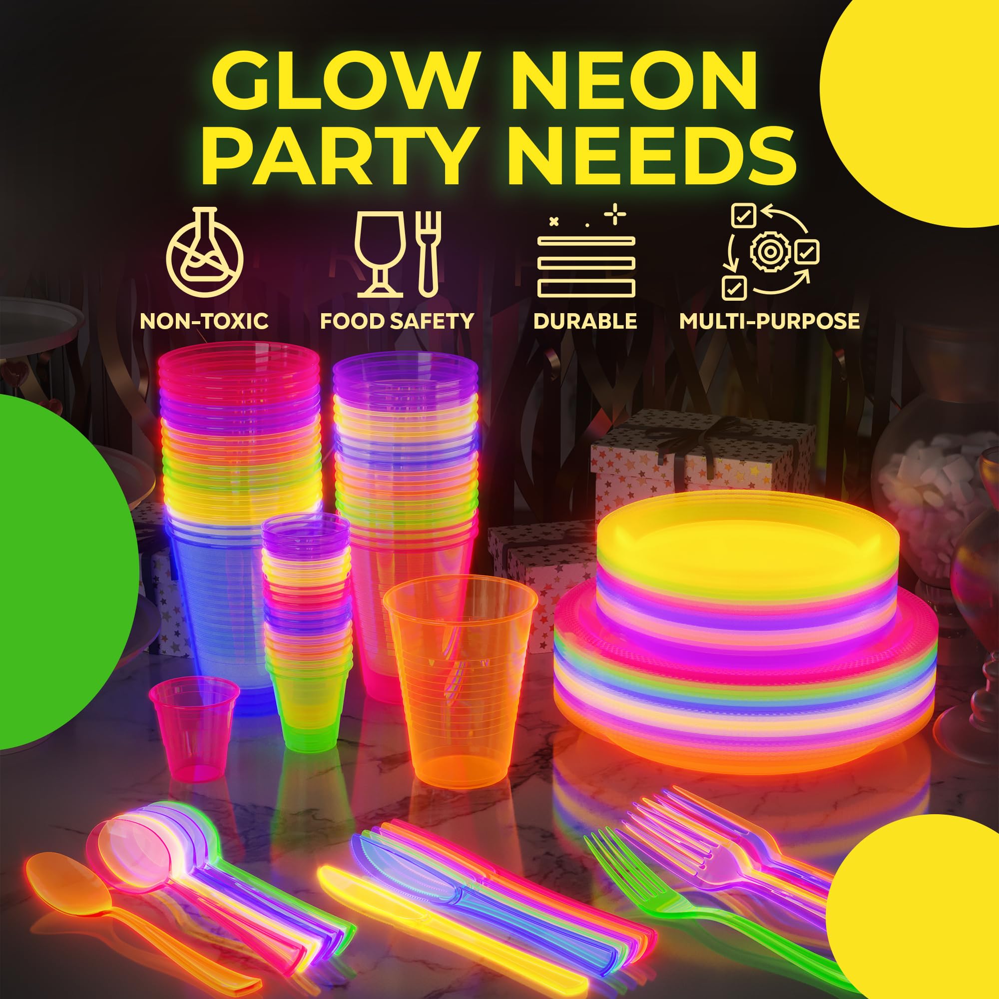 360 PCS Neon Party Combo Pack - 60 9" Plates, 60 7" Glow Plates, 60 12oz Cups, 60 Cutlery Sets - Blacklight Disposable Tableware