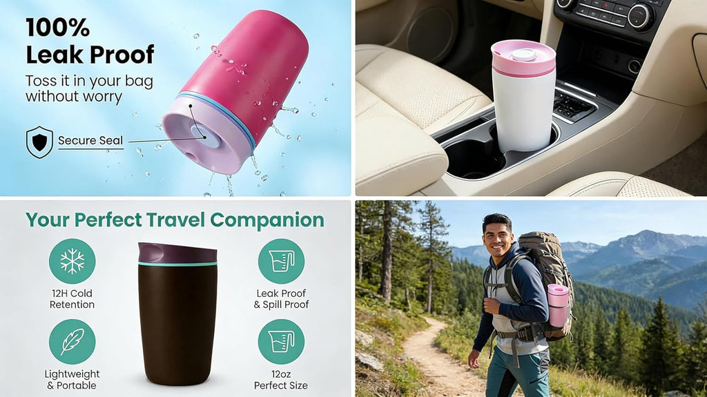 Skiennix Insulated Coffee Tumbler - 12 Oz Travel Mug for Hot & Iced Beverages | Black with Brown Lid