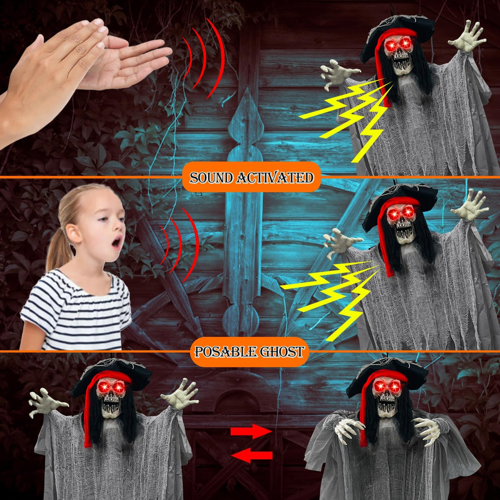 [ Sound Activated & Large ] 70 Inch Halloween Animatronic Hanging Talking Pirate Ghost Decoration Light up Eyes Shake Life Size Skull Skeleton Halloween Decor Outdoor Haunted House Prop Yard Party
