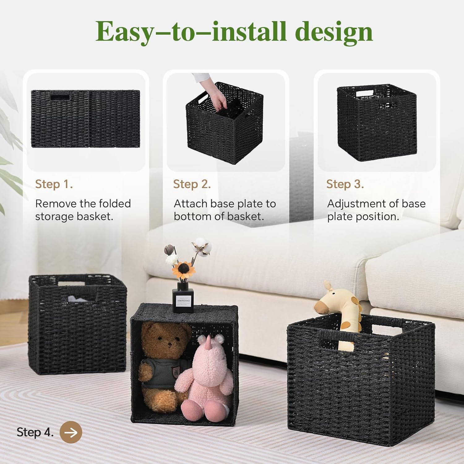 Skiennix Woven Wicker Storage Baskets - 2-Pack Handwoven Paper Rope Organizers | 11x11 Foldable Bins in Classic Black