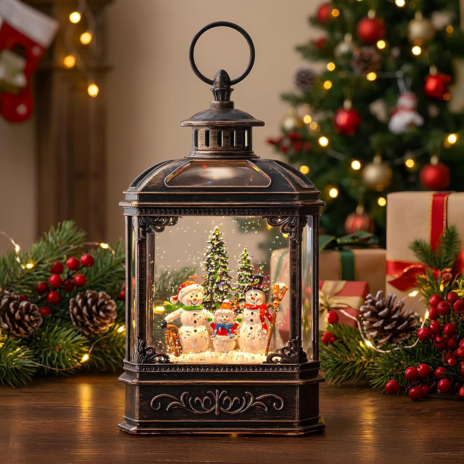VISFLAIR Christmas Snow Globe - Lighted Snowman Family with Swirling Glitter | Musical Holiday Decoration