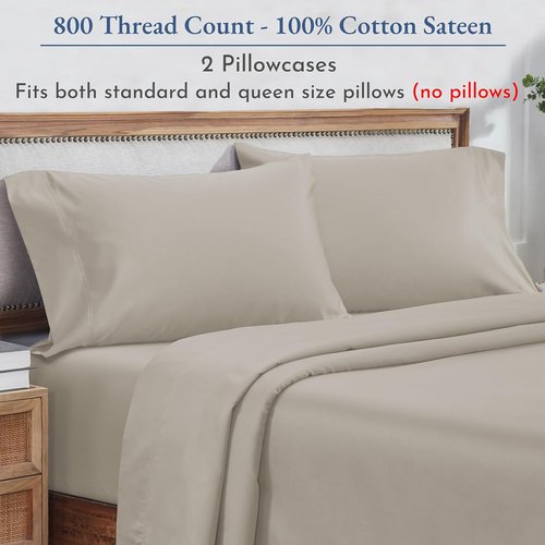 California Design Den Pillow Cases - 800 Thread Count Sateen, 100% Cotton, Set of 2 - Beige, Standard Size