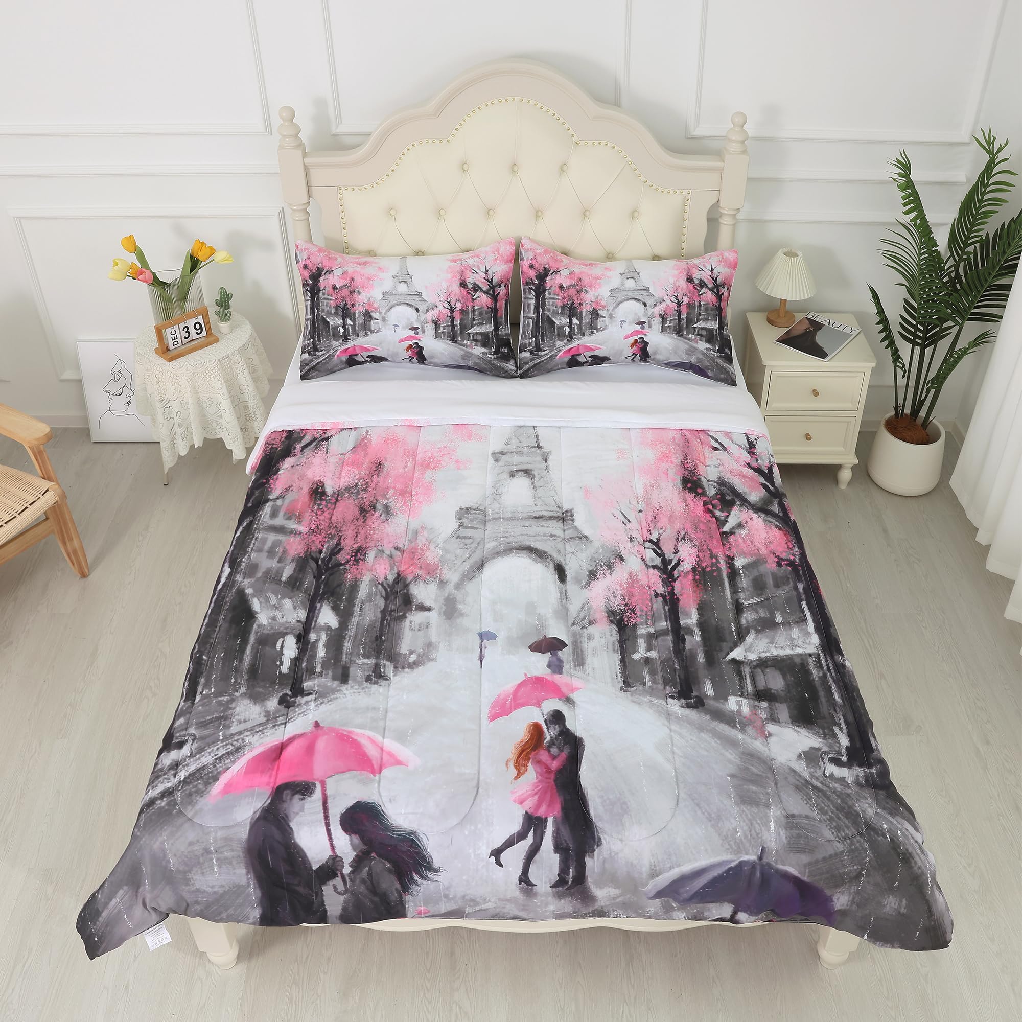 EDGZKO Paris Comforter Set King: Pink and Grey Eiffel Tower Bedding Sets King Size French Style Romantic for Girls Teens Women Bedroom Soft Quilt Bed Set 1 Comforter & 2 Pillowcases