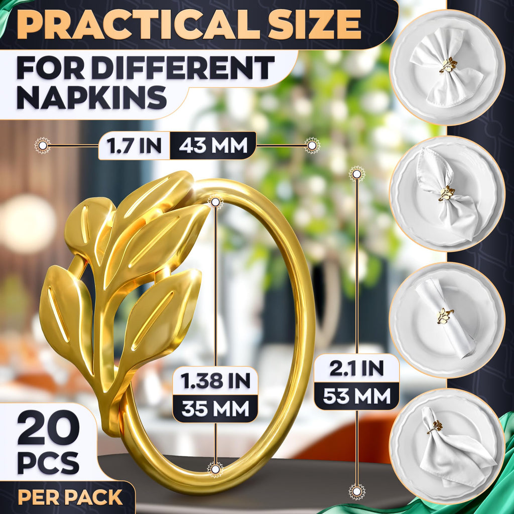 Gold Napkin Rings Set of 20 - Easter Napkin Rings Fits Various Napkin Styles, Reusable Elegant Gold Leaf Design for Dinner Parties, Special Events, Holidays & Easter Table Decor, Great Gifts for Hosts