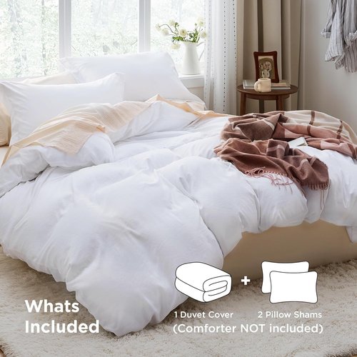 Bedsure King Size Duvet Cover Set - Bright White, Extra Soft Prewashed Cotton-Like Polyester, 3 Pieces with Zipper Closure & 2 Pillow Shams