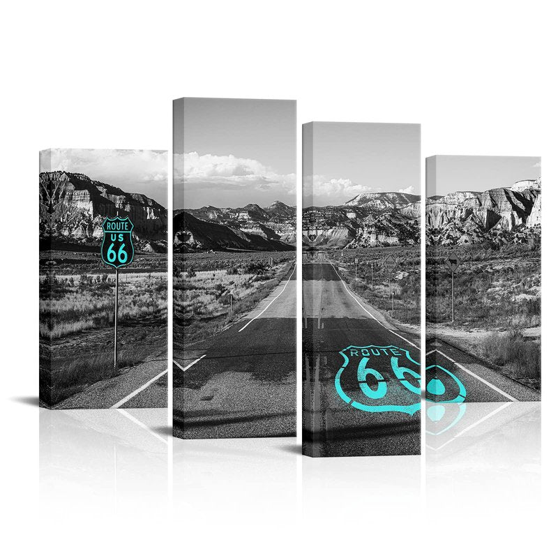 Route 66 Canvas Wall Art California's Mojave Desert Road Scenery Pictures Prints American Wild Western Mountain Painting Decor Framed Black Teal