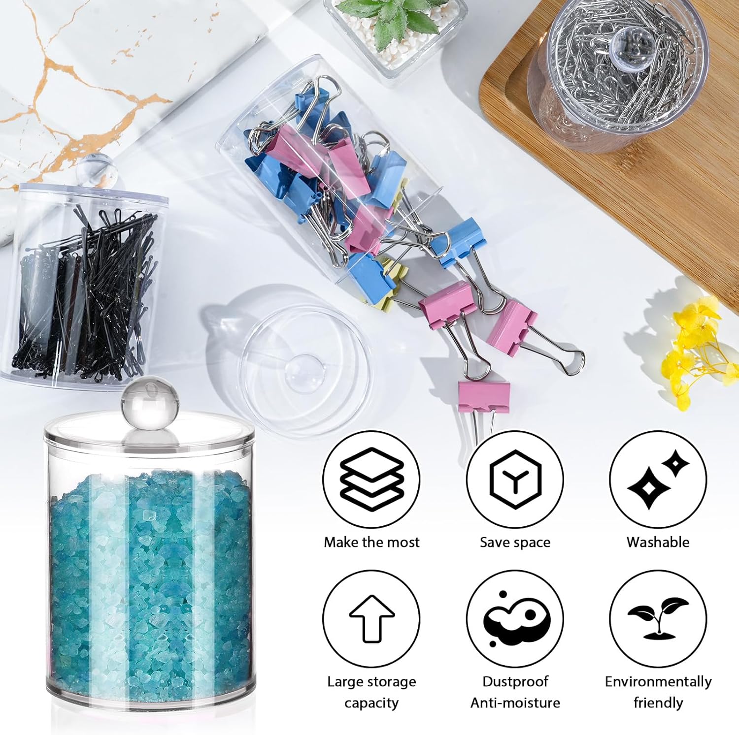 XIPENGKEJI Qtip Holder Set - 4 Pack Apothecary Jars with Lids for Cotton Swabs & Pads | 10oz-12oz Organizers