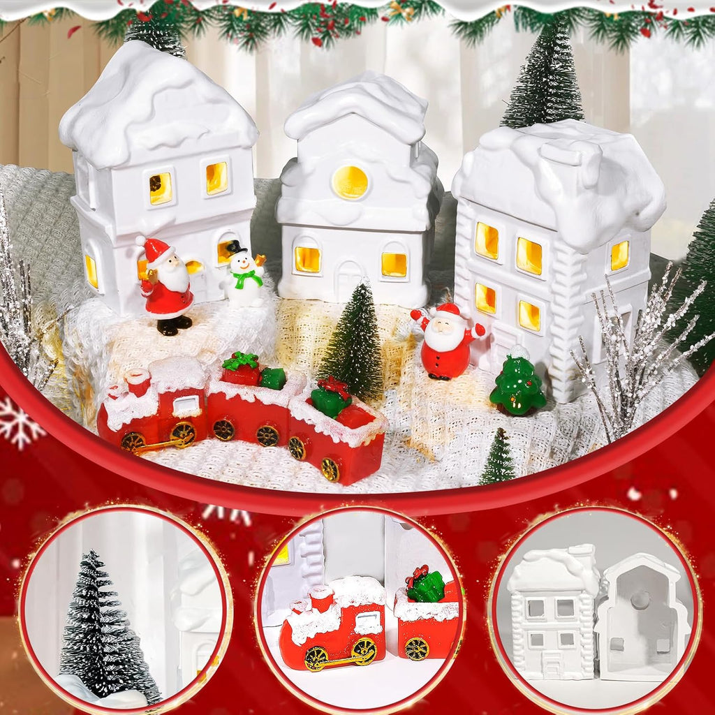 Wowagoga Ceramic Christmas House Village Set - 21 Pcs White Resin Figurines with Light-Up Feature | 4.3 Inch Decor
