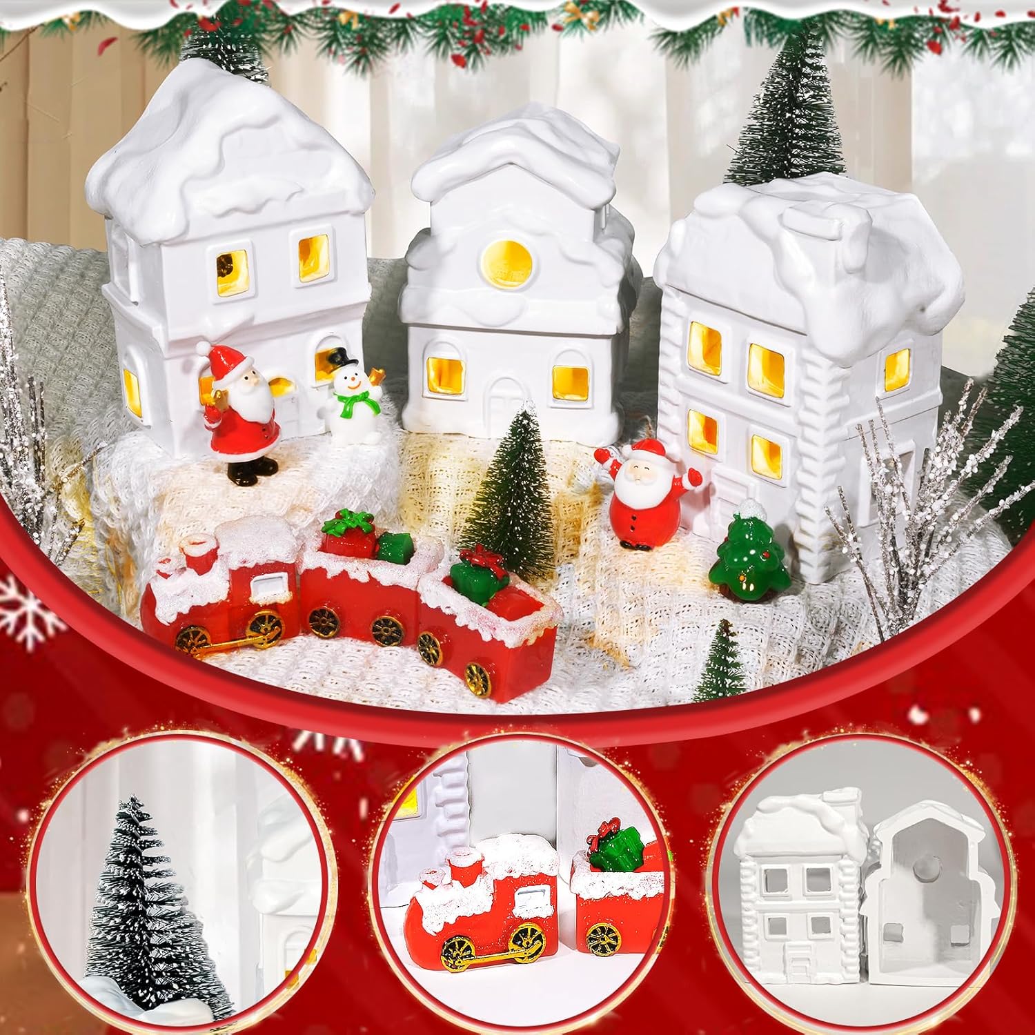 Wowagoga Ceramic Christmas House Village Set - 21 Pcs White Resin Figurines with Light-Up Feature | 4.3 Inch Decor