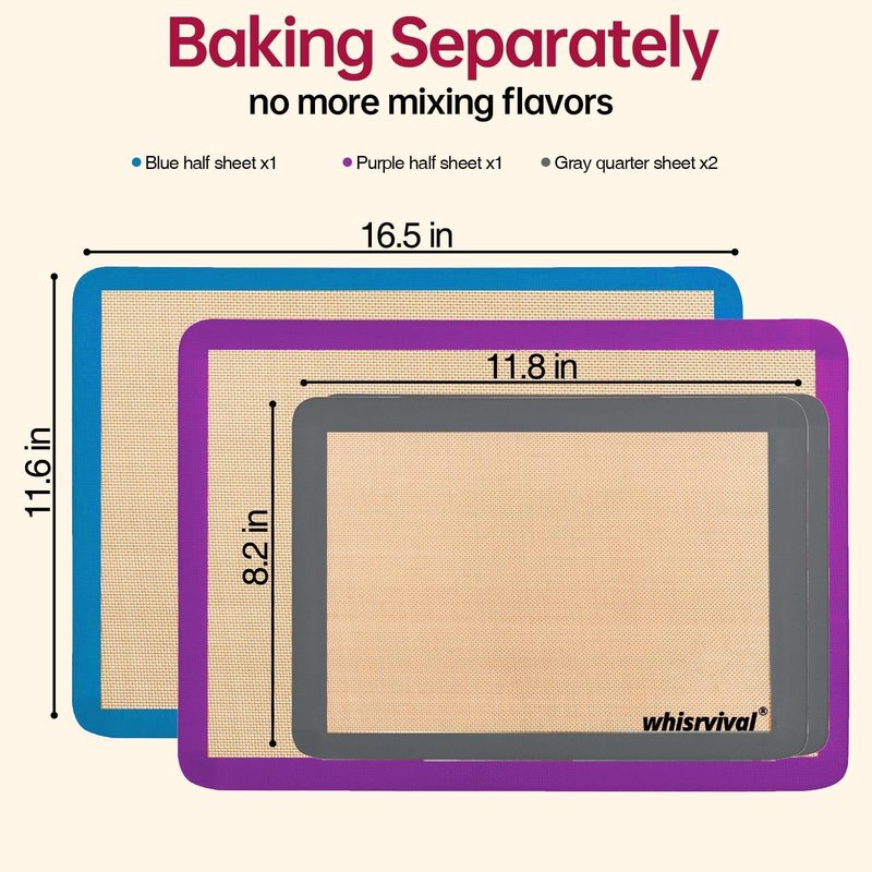 whisrvival 4 Pack Silicone Baking Mat, Non-Stick Silicone Baking Sheet, Food Safe Silicone Mats for Baking, 480℉ Heat Resistant, 2 Half & 2 Quarter (Purple, Blue, Grey)