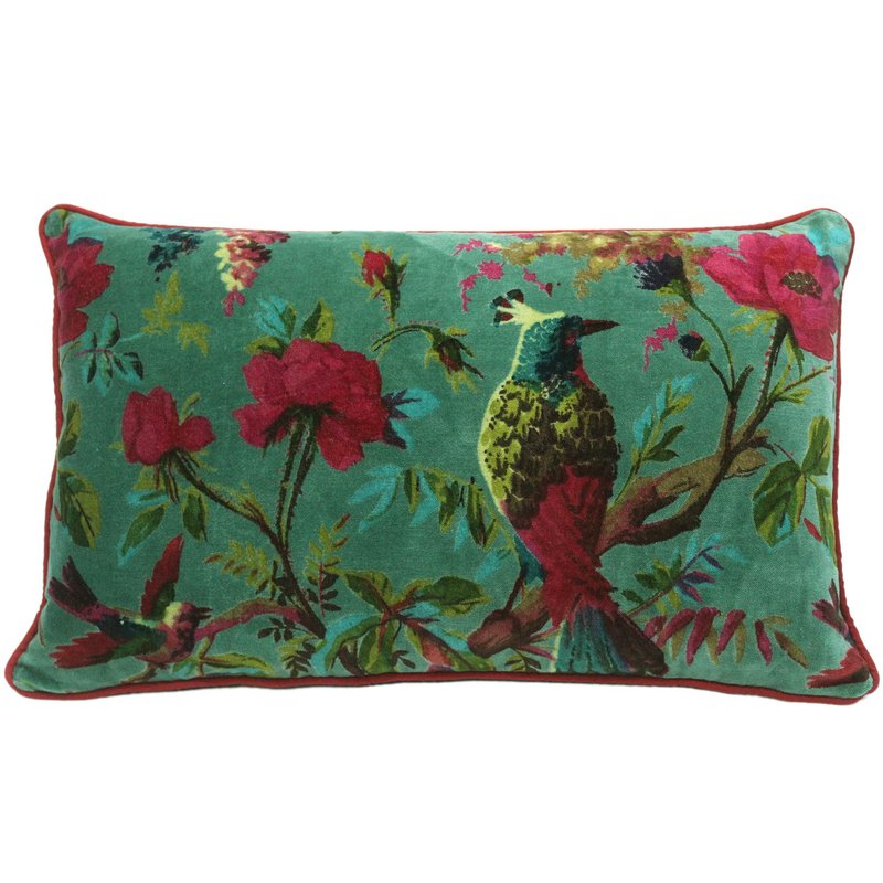 Eyes of India Velvet Floral Flower Bird Throw Pillow Sofa Cushion Cover Case Couch Colorful Boho Chic Bohemian Accent Indian Handmade (Green, 20" x 12")