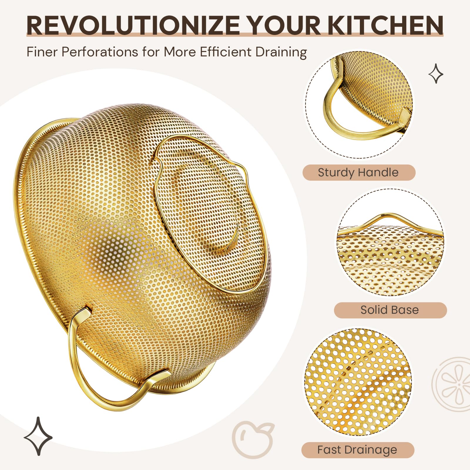 Baderke 3 Quart Stainless Steel Gold Colander and 3 Pcs Fine Mesh Strainer with Handles Gold Kitchen Accessories for Kitchen Draining Rinsing Serving Food Pasta Rice Vegetables