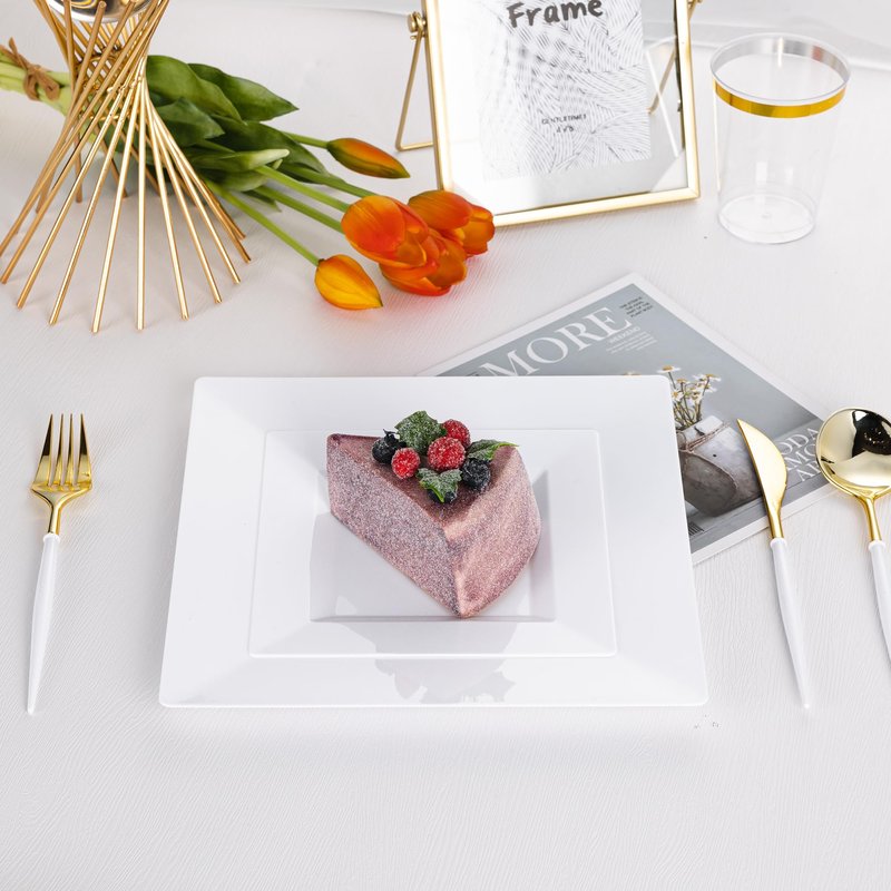 NZVCN 100 PCS White Plastic Dinner Plates, 9.5" Square Heavy-Duty Disposable Plates Dessert Plates Serving Dishes for Wedding, Party, Easter, Christmas