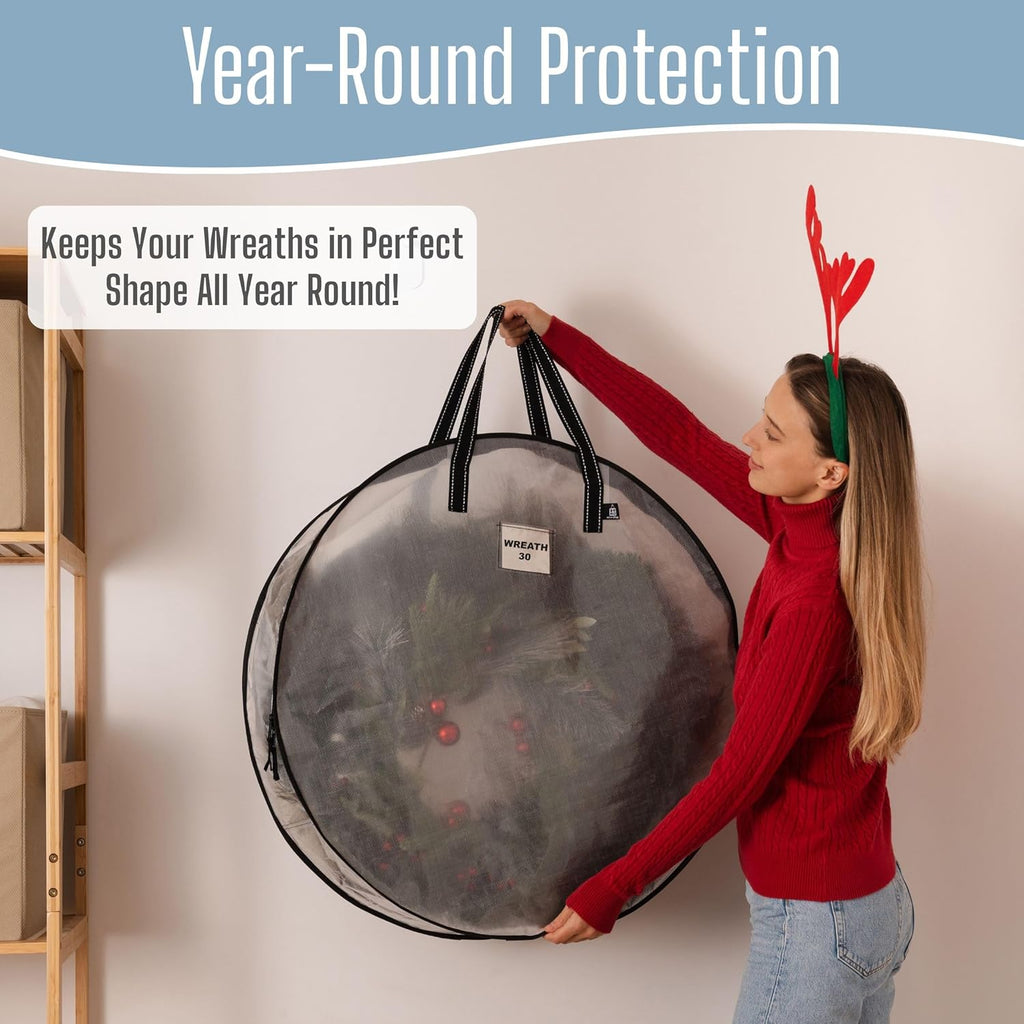 VENO Wreath Storage Container - 30 Inch Heavy-Duty Clear Bags with Wall Hanging Handles | 2 Pack