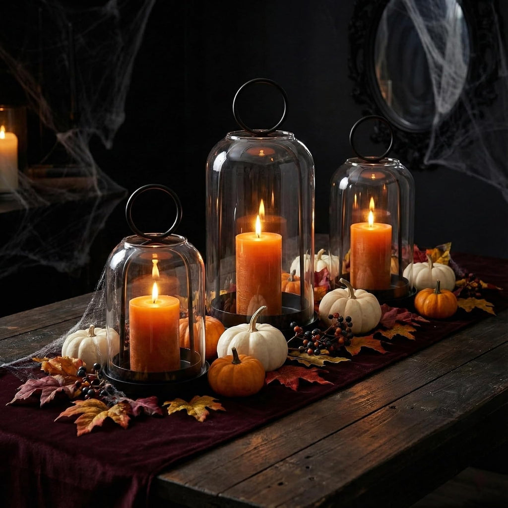 Skiennix Metal Candle Holders Set - 3 Pack with Glass Domes | Versatile Black Candlestick Holders (5.5", 4.7", 3.9")