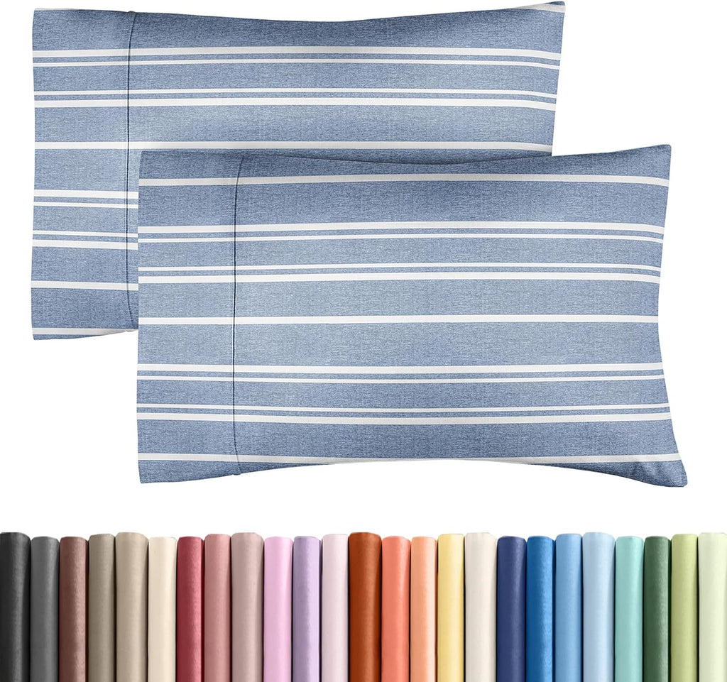 Skiennix Queen Pillow Cases Set of 2 | Ultra Soft Hotel Quality, Wrinkle-Free & Fade Resistant - Blue Stripes