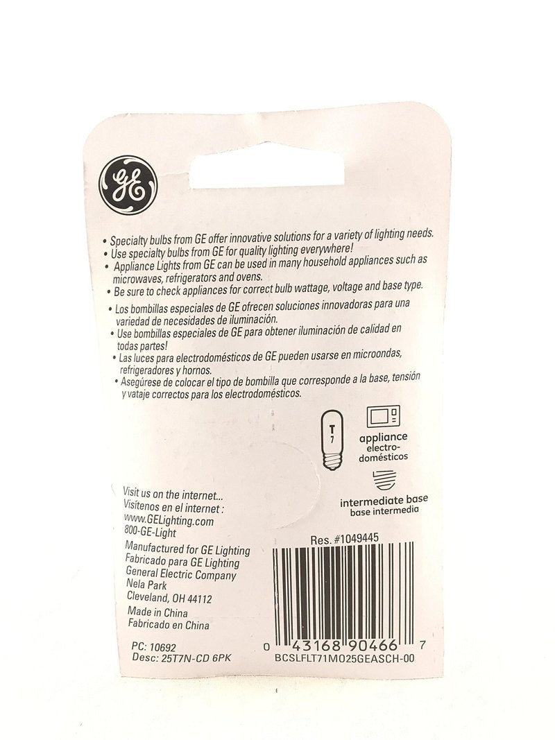 GE 10692 Appliance Microwave Oven Replacement Bulb, 25 Watt, T7, E17 Base, 6 Pack
