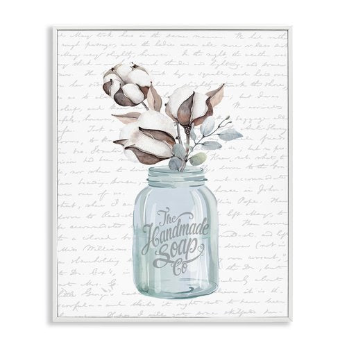 Stupell Industries Handmade Soap Jar Cotton Flower Bathroom Word, Design by Lettered and Lined White Framed Wall Art, 24 x 30, Grey