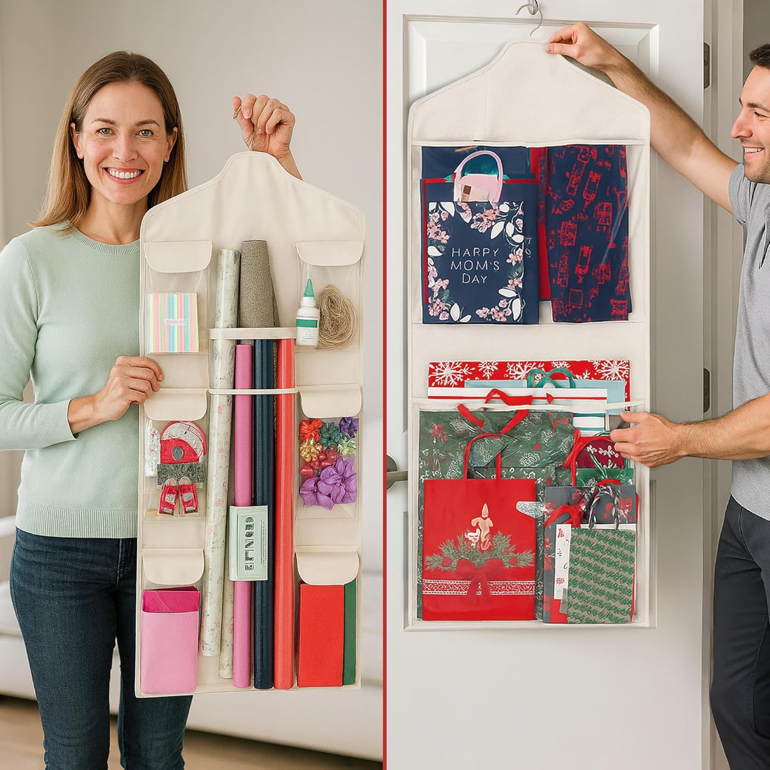 Wrapping Paper Organizer - Double-Sided Gift Wrap Holder with Wooden Hanger | Over the Door Storage for Christmas & Special Occasions