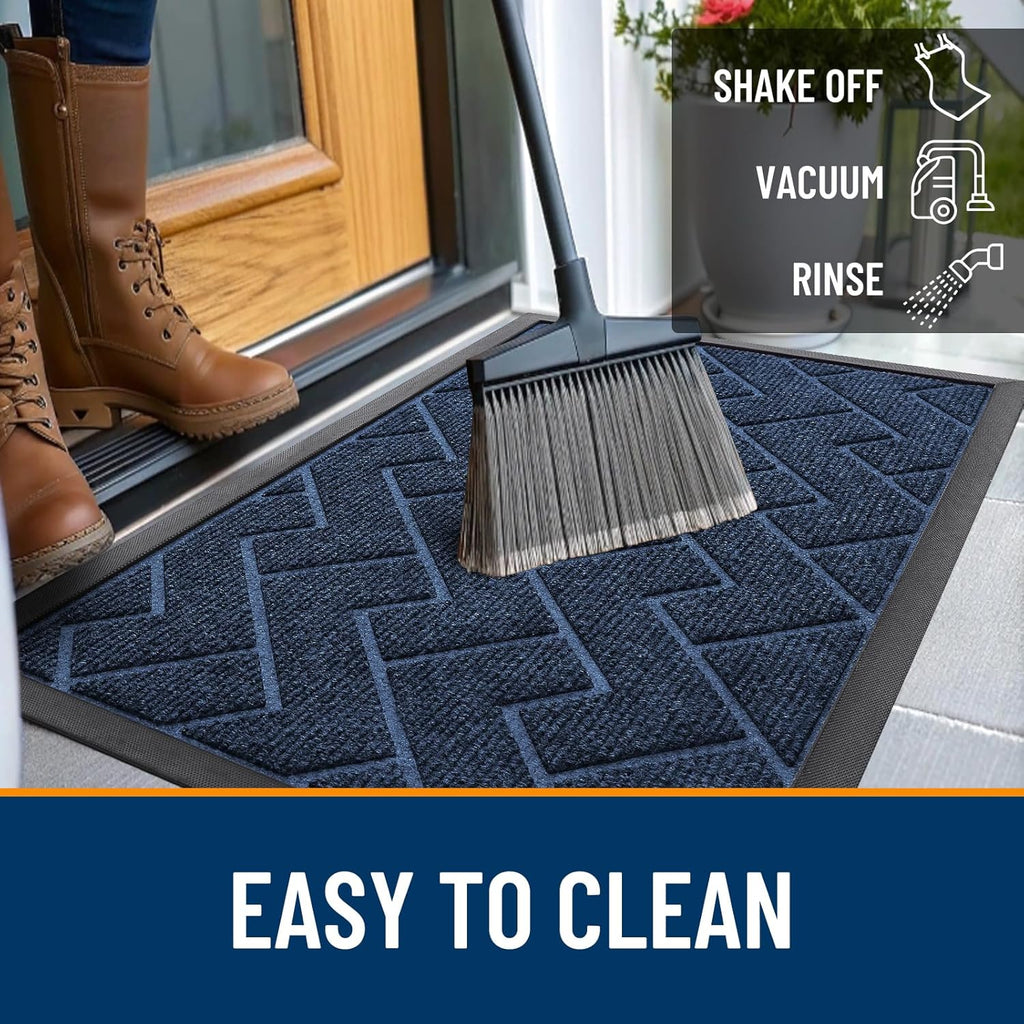 OLANLY Waterproof All-Season Front Door Mat - Sturdy Natural Rubber, Low Profile, Herringbone Brick (Blue, 47x17)