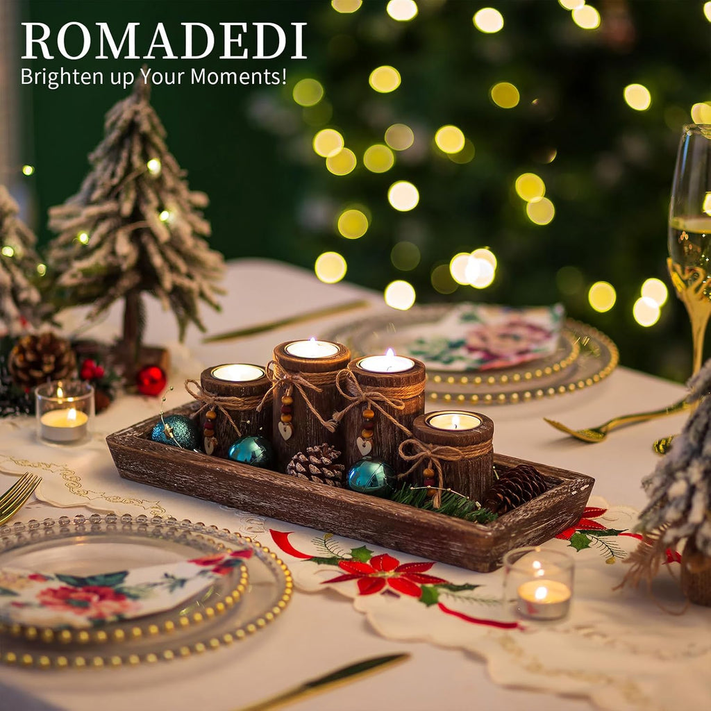 Romadedi Boho Wooden Tray Candle Holder Set - Farmhouse Coffee Table Decor with 4 Tealight Holders
