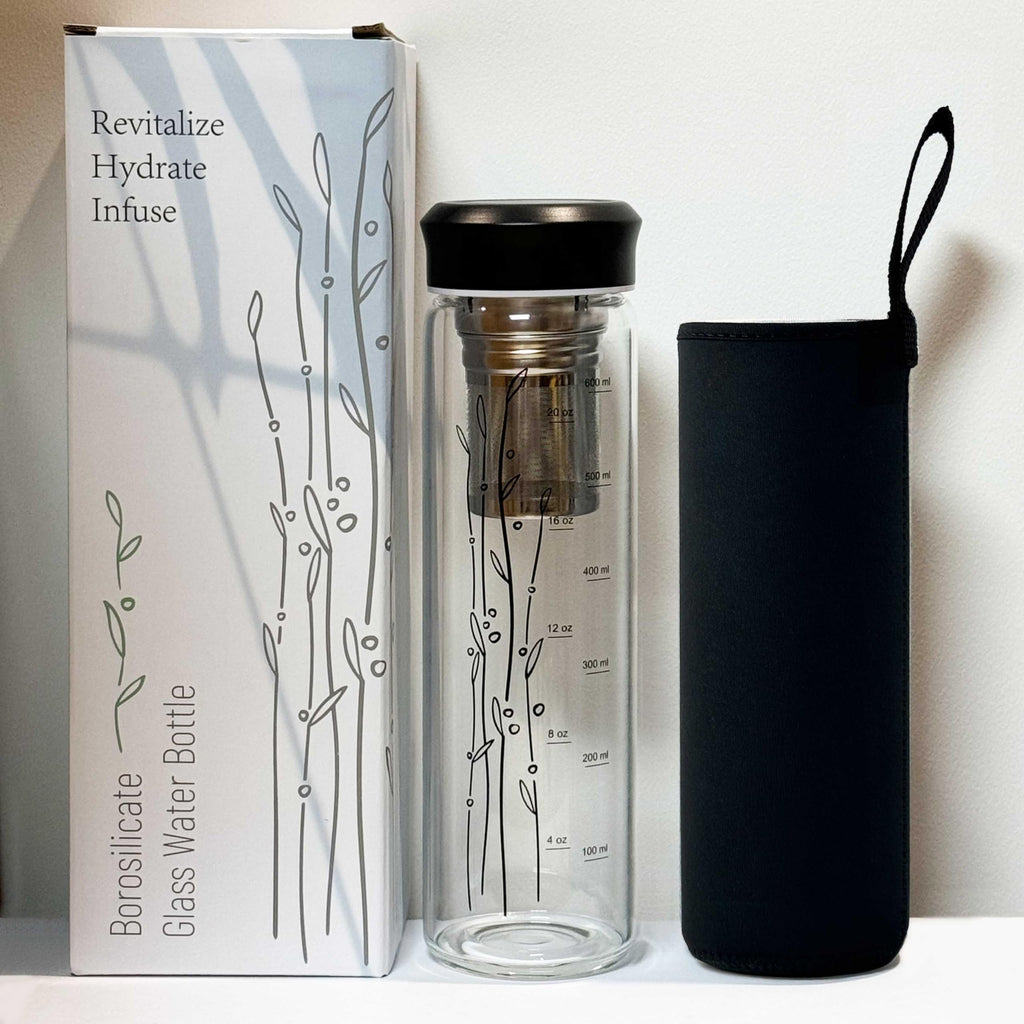 drinmoaer 23 oz Glass Water Bottle with Tea Infuser Strainer and Black Stainless Steel Lid - Tea Infuser Bottle