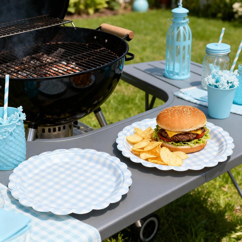 WRXVVTSV 50PCS Baby Blue Gingham Disposable Paper Dinner Plates 9 Inch Scalloped Edge for Baby Shower Gender Reveal or Gingham Party Supplies