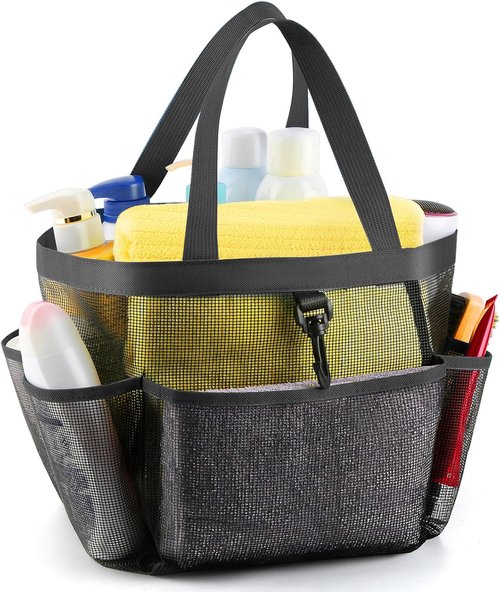 LOYEE Mesh Shower Caddy - Portable College Dorm Essential with 8 Pockets | Black Travel Bag for Beach, Gym & More